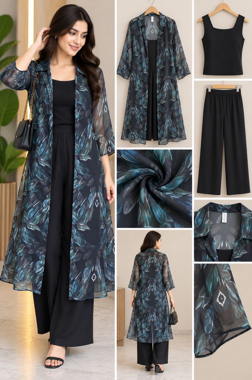Teal Leaf Print Sheer Duster Kimono with Black Cami and Black Wide-Leg Pants