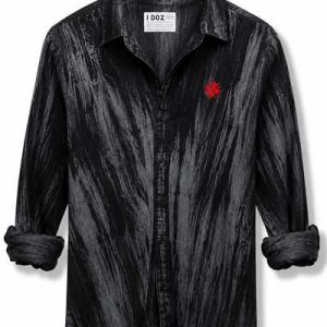 Men's Black Washed Denim Shirt with Red Star Design