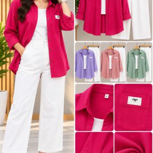 Ladies Pink Shacket with White Pants Co-ord Set